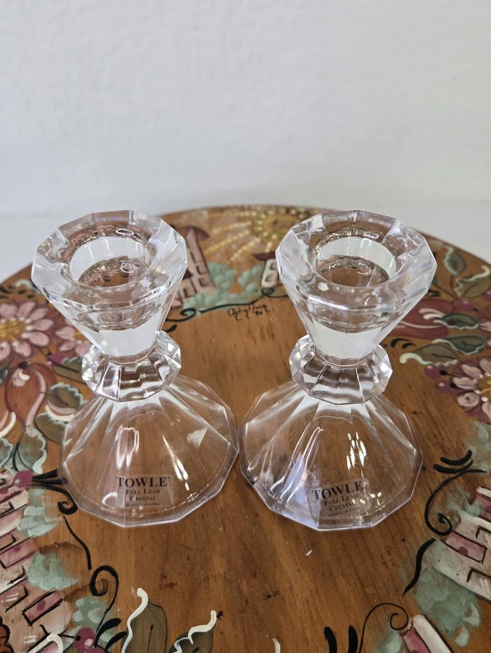 Towle‎ Pair Crystal Candlesticks Facet Diamond Cut Made In Austria Art Deco Vtg